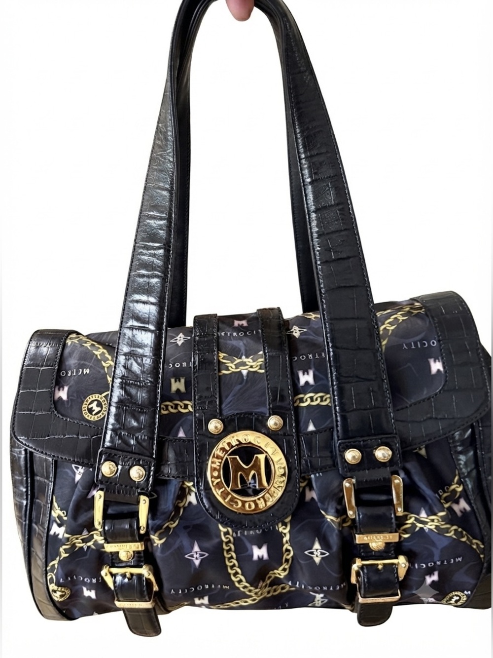 Metrocity Black Chain Print Nylon Crocodile Trim Tote Shoulder Bag Gold Hardware